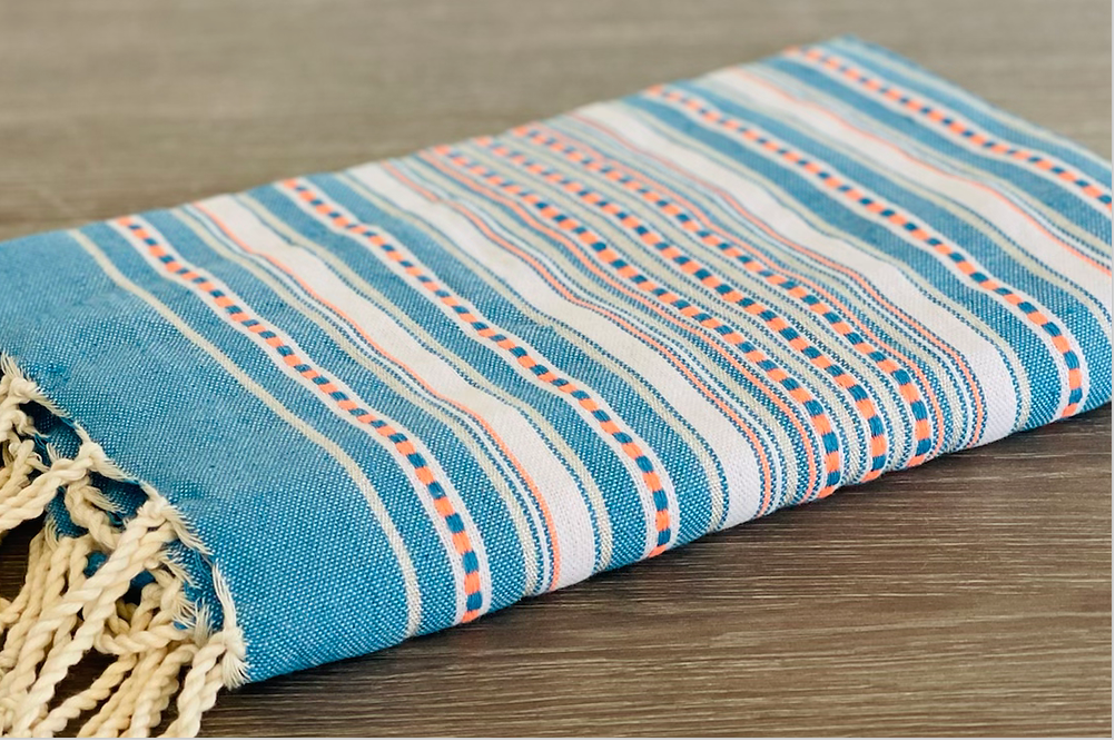 Fouta Toalla diamante Es Calò azul detalle plata-naranja