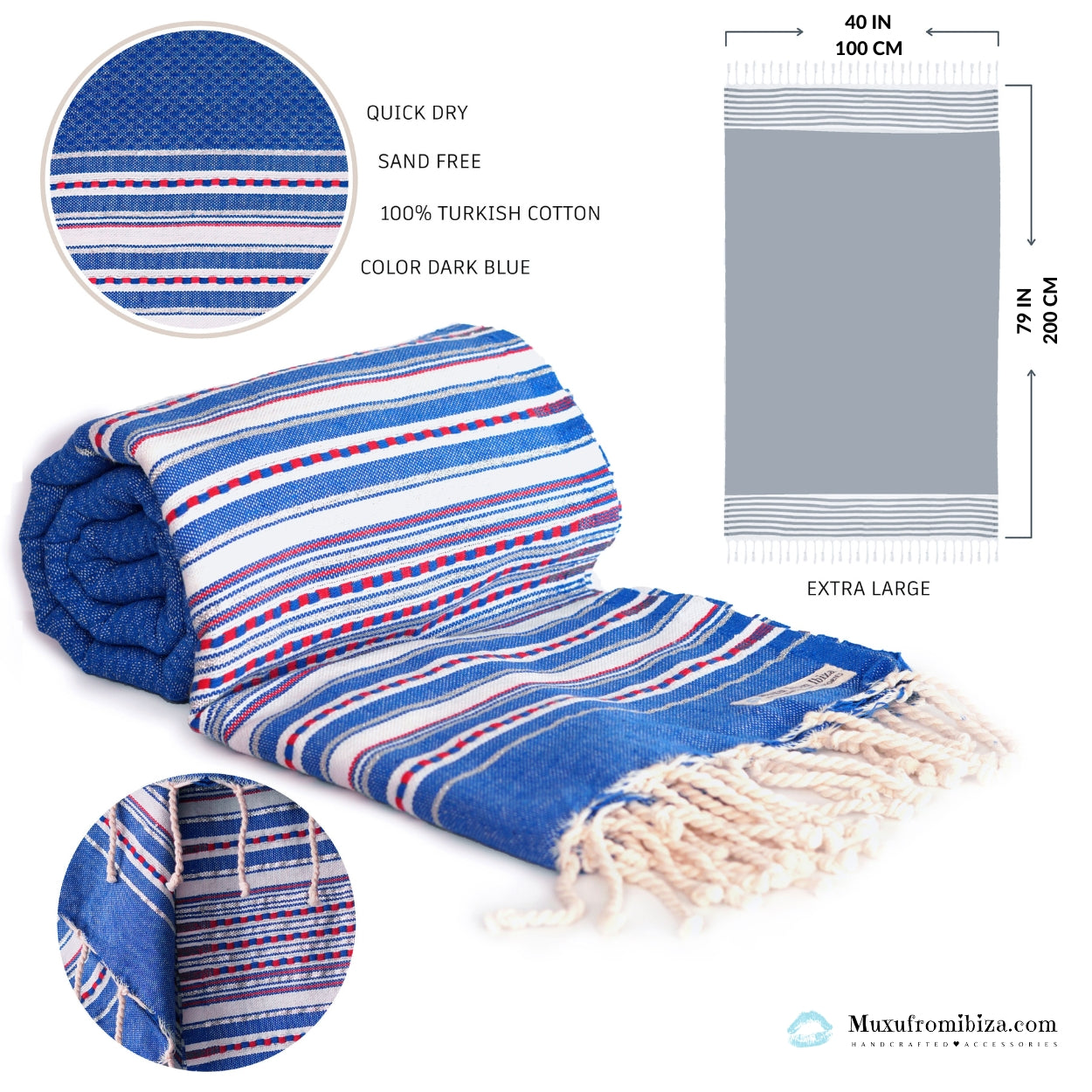 Fouta Toalla diamante Es Calò Lux azul detalle plata-rojo 1mx2m
