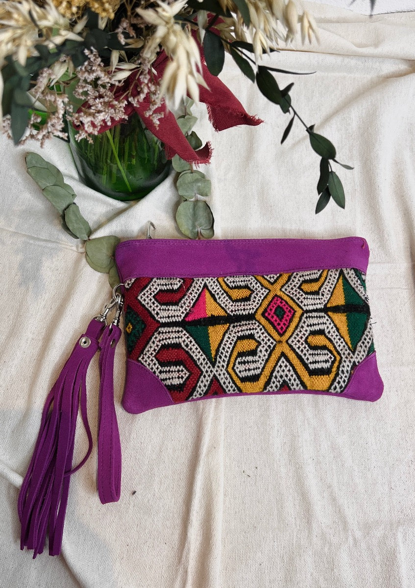 Bolso de mano Clucth de piel y Kilim Fucsia