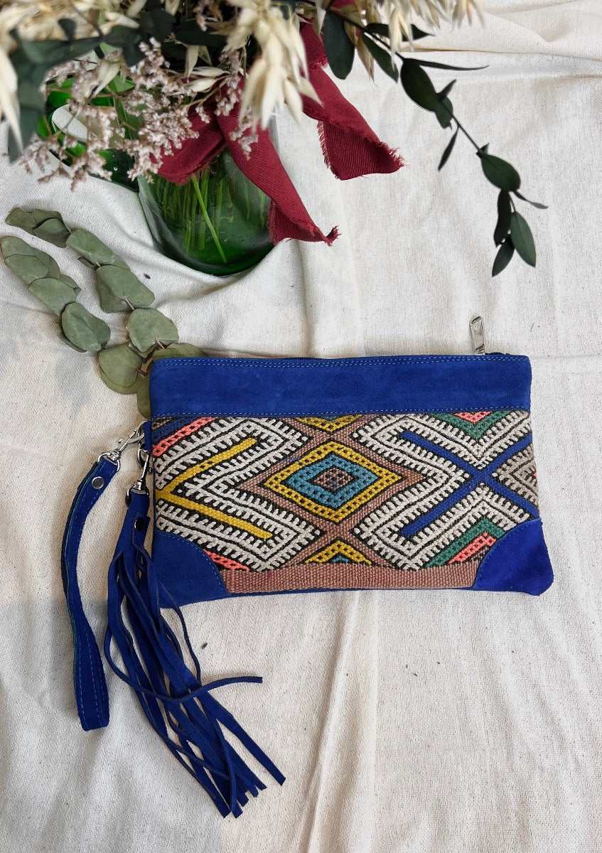 Bolso de mano Clucth de piel y Kilim Azul