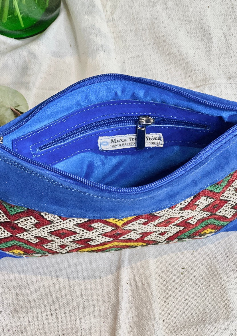 Bolso de mano Clucth de piel y Kilim Azul