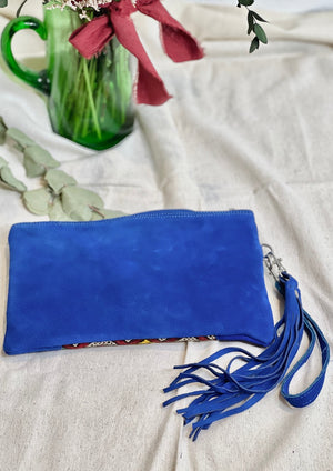 Bolso de mano de cuero azul y kilim reciclado 100%artesanal