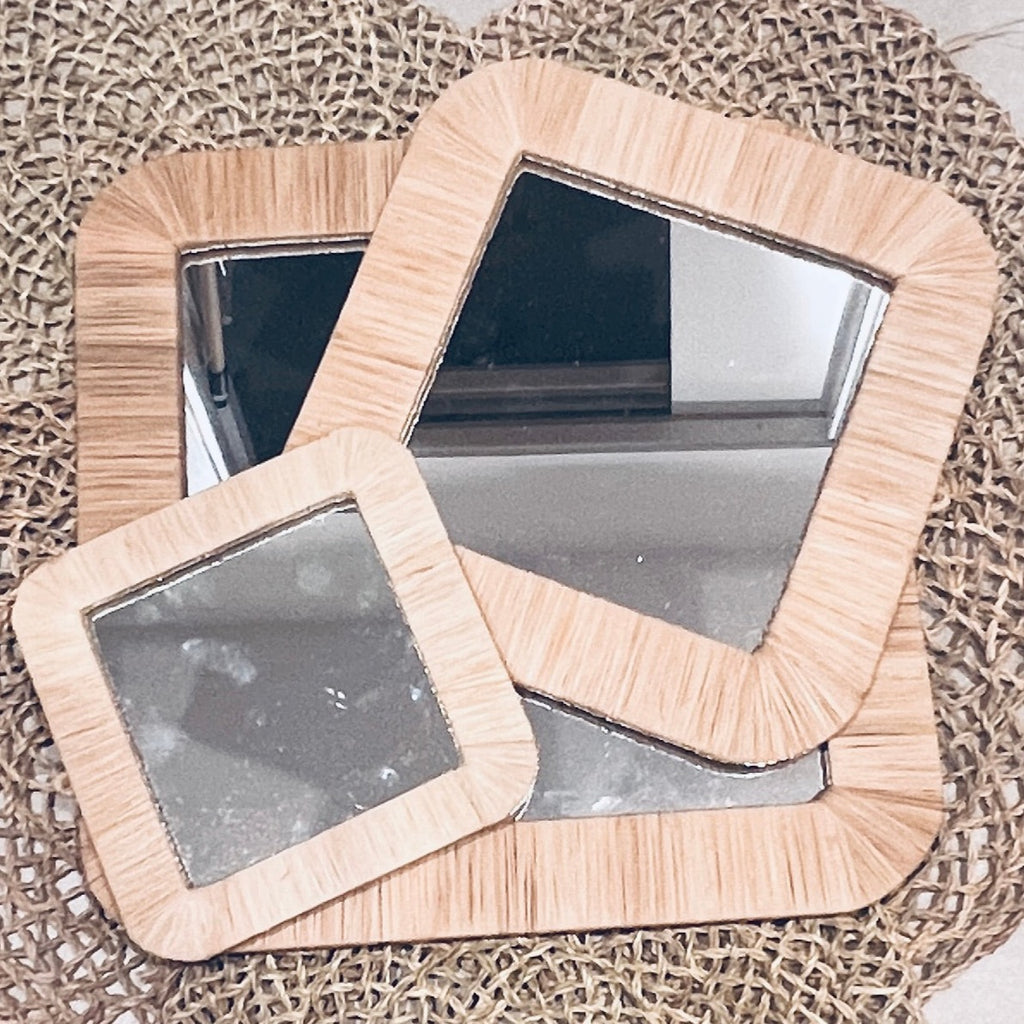 espejos decorativos de madera y rafia 